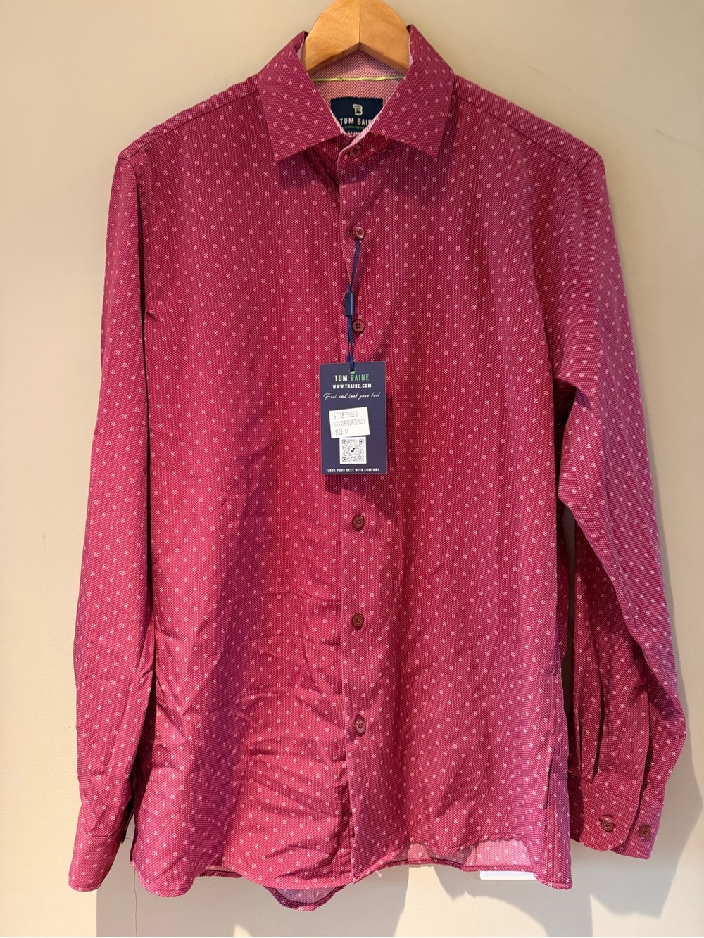 Tom Baine Men's Burgundy Dot-Print Button-Down Shirt M 15-15 1/2 NWT